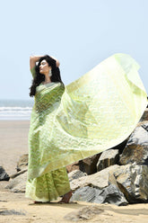 Jash-e-Jal' Pastel Pista Green Pure Resham Cotton Silk Banarasi Handloom Saree